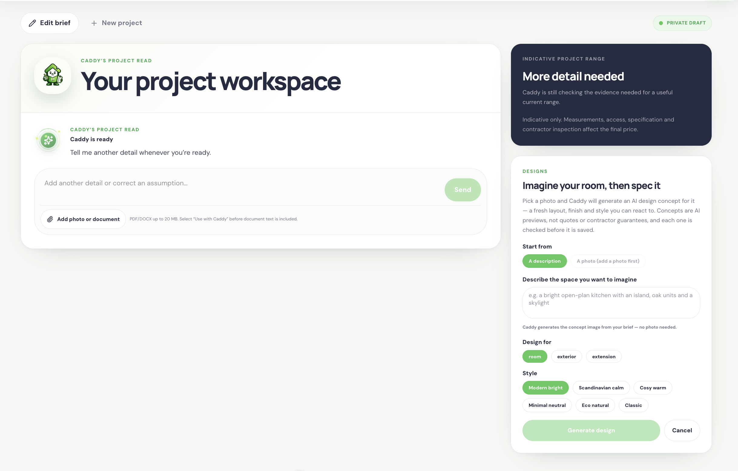 QuoteCaddy construction quoting workspace